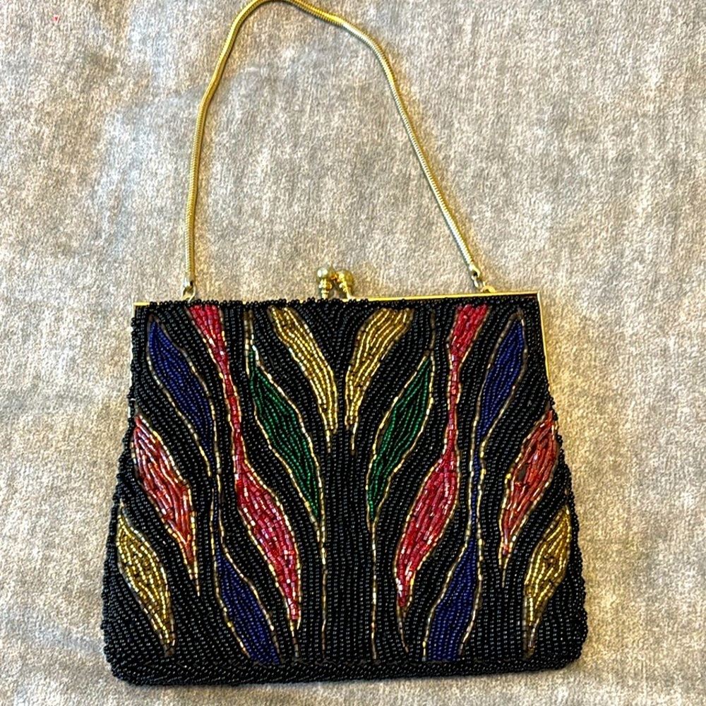 DuVal vintage handmade Elegant Multicolor Beaded Handbag clutch purse kiss lock